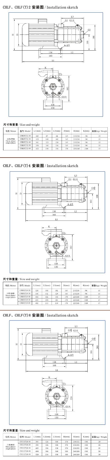 CHLF(T)輕型不銹鋼多級離心泵安裝圖、尺寸及重量